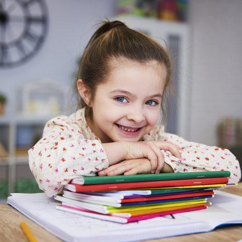 Smiling girl studying at home